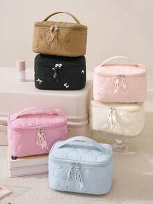 Large-Capacity Cosmetic Bag,Multi-Compartment,Lightweight Quilted Makeup Bag Organized For Toiletries,Cosmetics,Makeup Brushes,Skincare,Medication,Etc,Bow Embroidery Sweet Style Multifunctional Storage Bag For Gift,For Home,Travel,Vacation,School Use - Multicolor - View 3