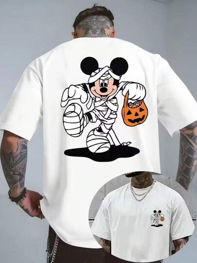 Disney Mickey & Jack Skellington Men's T-Shirt -- Men's Short-Sleeved T-Shirt With Iconic Mickey Ears And Jack Skell Pattern.