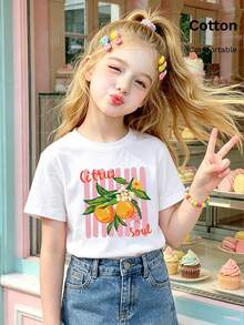 Girls' T-Shirt Featuring Citrus Orange And Blossom Print With Green Leaves, Pink Vertical Stripe Backdrop And 'Citrus Soul' Script - White - View 4
