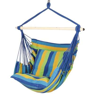 Highwild Columpio de cuerda colgante para silla de hamaca, maximo 500 libras, 2 cojines incluidos, barra separadora de acero con anillos antideslizantes, para cualquier espacio interior o exterior rayas azules