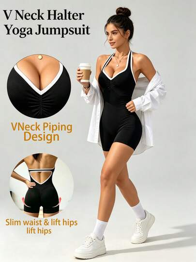 Fashionable Sports Backless Jumpsuit, Breathable Slim Fit One-Piece Fitness Jumpsuit, V-Neck Backless Design, Yoga Jumpsuit, Suitable For Gym, Running, Daily Wear
