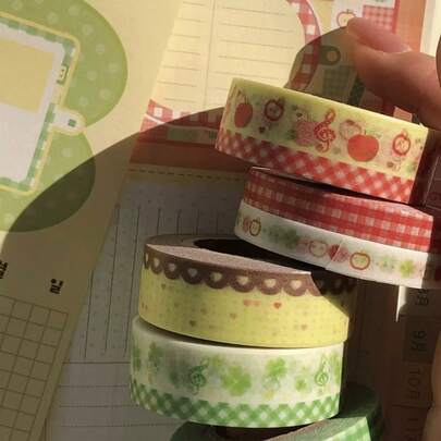 Set de 6 roleuri bandă adezivă decorativă washi cu mere și trifoi, carouri, note muzicale, inimă și dantelă, culori macaron, imprimeu cu fructe și flori, potrivită pentru planner, scrapbooking, felicitări handmade, ambalare și papetărie