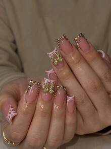24pcs Long Square Press-On Nails Elegant Gold Glitter Rhinestone Gold Bow Leopard French Full Coverage Nail Art Set With 1pc Jelly Glue And Nail File For Women Daily Dating Shopping Party - Multicolor - View 1