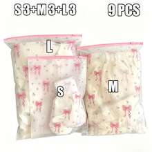 9pcs Transparent Floral Bow Zipper Storage Bags, 3 Sizes Assorted, Durable PEVA Material, Waterproof Clothing, Underwear, Toiletries, Cosmetics Storage Cubes, Essential For Travel And Home Organization, Suitable For Suitcase, Closet, Drawer, Under Bed Storage - Multicolor - View 4