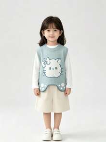 WUHUANG YIYI Baby Girl/S Cute Cartoon Cat Face Graphic Hem Design Knitted Sweater Vest, Suitable For Autumn/Winter - الأزرق - مشاهدة 4