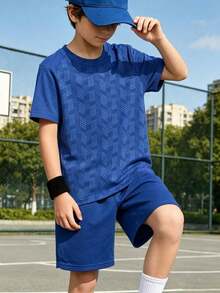 2pcs/Set Boys & Teen Boys Soccer Sports Outfit, Geometric Pattern Short Sleeve Jersey & Shorts - Blue - View 1