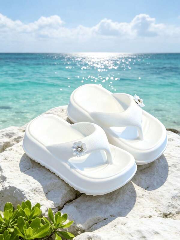 Sandalias versátiles con plataforma y estampado floral blanco para niñas, perfectas para verano, playa y exteriores