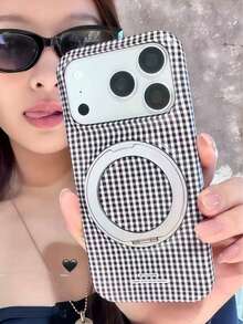 Ins Korean Style Fashion Classic Black & White Plaid Rotating Stand Phone Case For IPhone 17, 17 Pro, 17 Pro Max, 16, 16 Pro Max, 14, 18, 18 Pro Max, Half-Cover Protective Shell - Multicolor - View 7