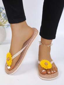 女款時尚沙灘夾腳拖鞋 大尺碼腳趾環涼鞋 適合戶外度假 開趾拖鞋 蝴蝶結裝飾平底涼鞋 輕量夏季拖鞋 防滑女款沙灘鞋 - 米色 - 查看 3