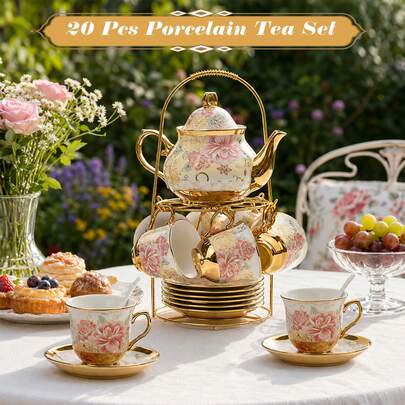 20-Piece Porcelain Tea Set With Metal Holder, European Floral Ceramic Tea Set For Adults - Elegant Home Decor & Kitchen Essential, Perfect Mother's Day, Christmas & Housewarming Gift For Women