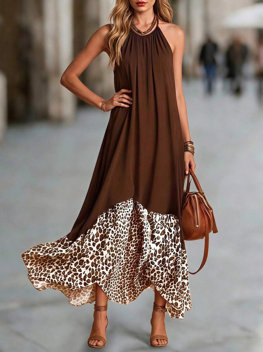 Elegaris Women's Long Dress For Spring And Autumn, Halter Neck Design, Solid Color And Leopard Print Patchwork, Casual Vacation Dress Elegant - Brown - View 1