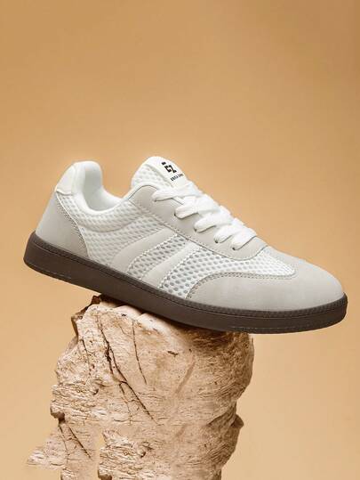 Men's White Casual Sports Shoes, Lace-Up Soft Sole Flat Comfortable Sneakers, Lightweight Daily Shoes For All Seasons, Suitable For Parties And Teenagers' Campus Wear