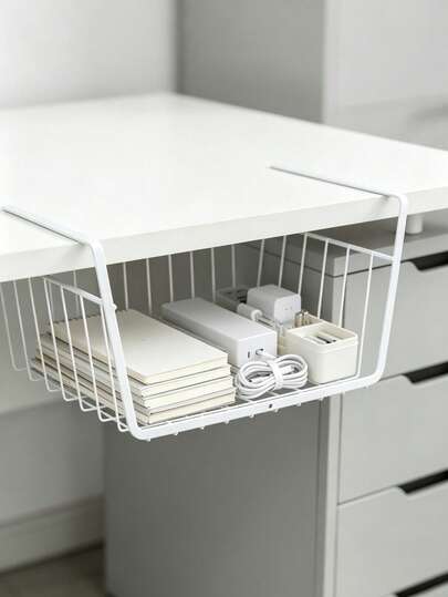 Under Shelf Hanging Wire Storage Basket, White Metal Closet Organizer Bin With Handle, Slide-In Hanging Drawer For Kitchen Cabinet Pantry Bedroom Wardrobe,Space Saving Under Shelf Hanging Storage Bin,