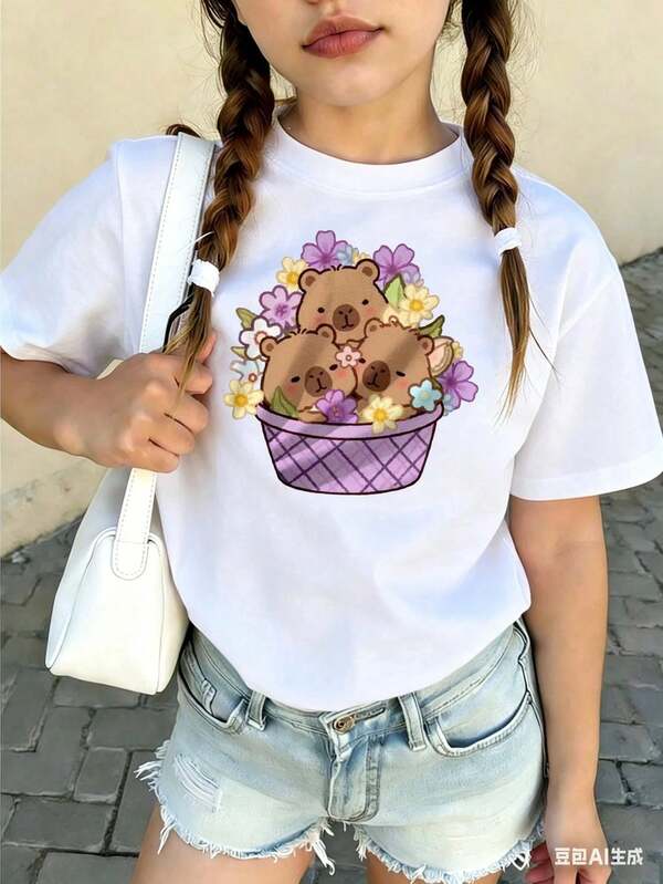 Camiseta estampada casual para preadolescentes, con cuello redondo y manga corta; prenda superior de verano.