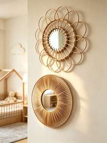 1Pc/2pcs Boho Handwoven Rattan Sunflower Round Wall Mirror,Rattan Woven Bamboo Glass Wall Mirror,Easy Install All Season,Floral Rattan Bathroom Vanity Mirror,Perfect Birthday Christmas & Mother's Day Gift-For Home Decor,Bedroom Decor,Wall Decor - Multicolor - View 6