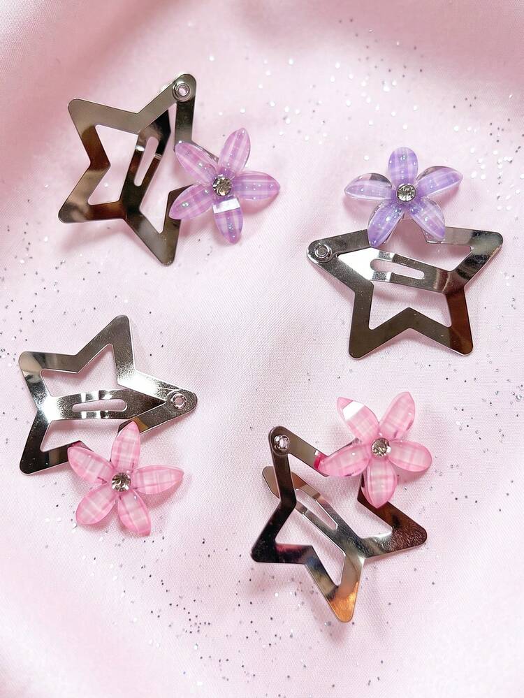 4/8/16pcs/Set Rhinestone Flower Star Hair Clips, Y2K Cute Sweet Hair Accessories - Suitable For Girls And Women, Perfect For Daily Wear, Vacation, Back To School - Multicolor - View 3