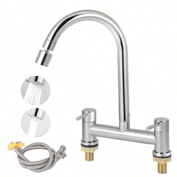 Kitchen Mixer Taps 2 Hole With 2 Function Aerator Kitchen Sink Mixer Taps Dual Lever Bridge Kitchen Tap  Mixer Tap Kitchen Sink 360° Swivel 180MM Center Deck Mounted Kitchen Faucet