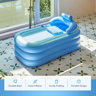 1pc Inflatable Bathtub And Bath Pillow Headrest, Portable Blow Up Bath Tub For Adults, Outdoor And Indoor Freestanding Foldable Spa Tub With Cover Drainage Cup Holder, Brown, Blue