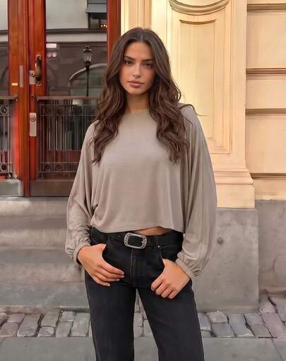 VINOVA Women's Soft Knit Fabric Round Neck Batwing Sleeve Long Sleeve Loose Short Top, Summer, Minimalist Style, Street Style, Daily, Outing