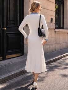 Perirose Women's White Old Money Rib Knit Midi Dress, Long Sleeve Contrast Trim Button Front Slim Fit Sweater Dress, Fall Winter Office Chic Going Out - White - View 4
