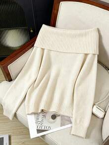 Autumn/Winter Cold Shoulder Sweater, Loose Ribbed Knit Top, Collar Design, Lazy Comfortable Sexy Style, Suitable For Autumn/Winter Dates And Back To School Outfits - Apricot - View 5