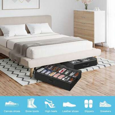 Caja de almacenamiento de zapatos plegable debajo de la cama con 24/12 compartimentos, organizador de zapatos apilable a prueba de polvo de tela no tejida, cartón de 2 mm de grosor, ahorrador de espacio y resistente, adecuado para tacones altos y zapatillas, 29.3 pulgadas, almacenamiento esencial del hogar para armario, dormitorio, residencia estudiantil