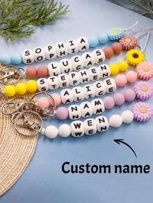 1pc Customized Daisy Silicone Bead Keychain With Name Tag, Personalized Gift, Custom Name, Can Customize 1~10 Letters - Style a - View 2