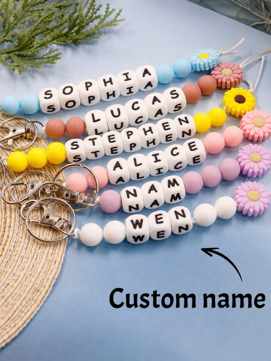 1pc Customized Daisy Silicone Bead Keychain With Name Tag, Personalized Gift, Custom Name, Can Customize 1~10 Letters