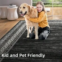 Techigher Modern Washable Area Rug - Non Slip Geometric Bordered Living Room Carpet, Foldable Thin Low Pile Floor Cover For Bedroom, Kitchen, Dining Room - Black - View 4