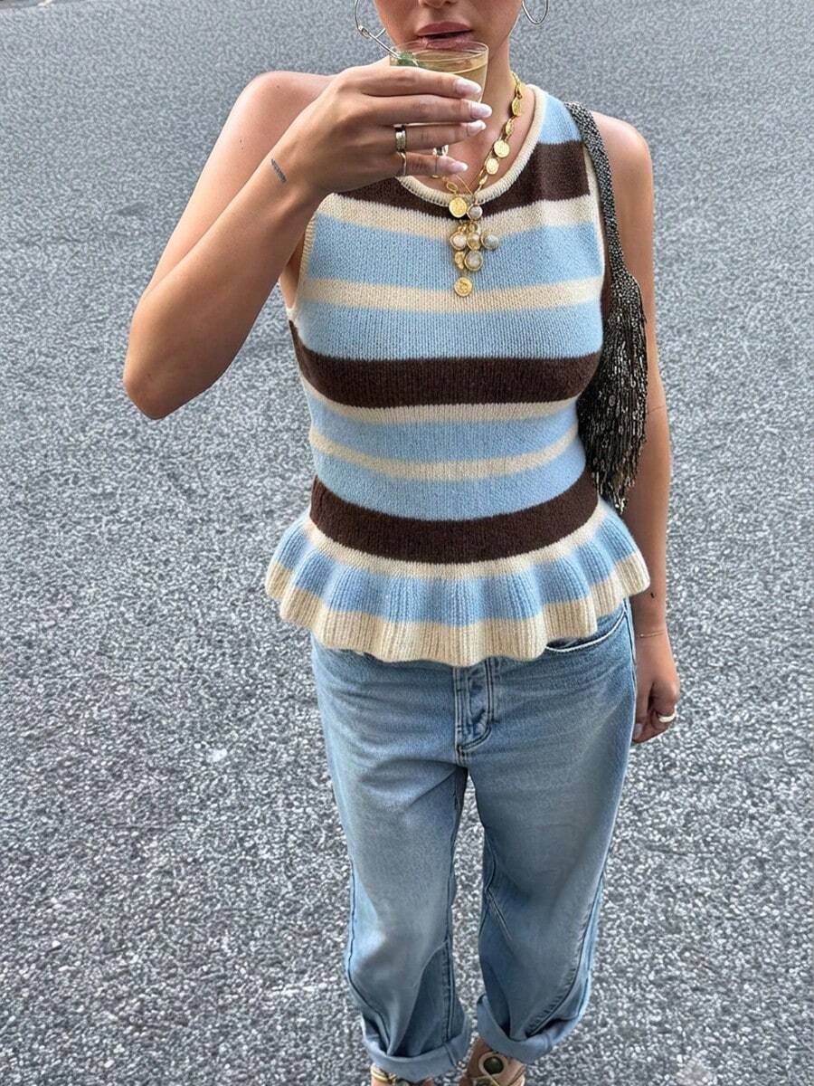 Women's Knitted Sleeveless Ruffle Hem Striped Tank Top, Regular Length, Medium Stretch, Summer Top, Commute Office Wear - Brown - View 1