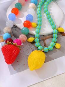 1pc Bohemian Style Y2K Creative Fashion Elegant Exquisite Glamorous Personalized Exaggerated Cute Fruit Series High-Quality Dopamine Color Resin Beaded 3D Strawberry/Lemon Pendant Necklace For Women Sisters Couples Prom/Graduation Jewelry Gift, Suitable For Daily Wear, Dating, Wedding, Party, Holiday, Summer Beach Vacation - necklace - View 4