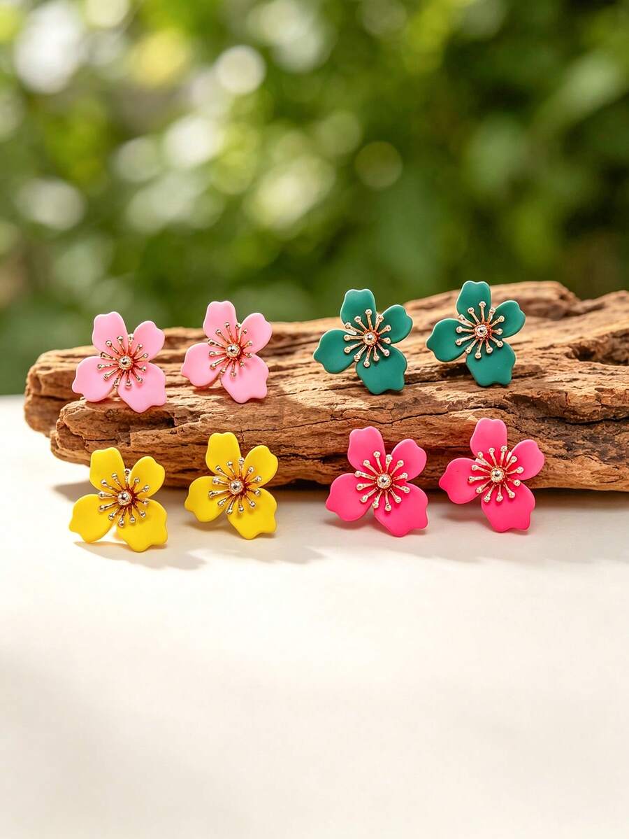 1 Pair Exquisite Glossy Colorful Blooming Four-Petal Flower Stud Earrings For Women - Flower Earrings - View 1