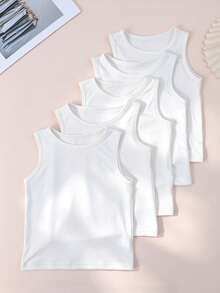 10 piezas Camiseta sin mangas de unicolor para niña joven, unicolor, estilo versátil y sencillo adecuado para primavera y verano - Blanco - Ver 2
