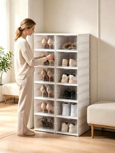 6-Layer White Folding Shoe Cabinet Made Of Thickened PP Plastic With Transparent Dust-Proof Doors, Stackable And Combinable Freely, Layered Storage For Stationery, Cosmetics And Sundries, Suitable For Desks And Bedrooms To Store Small Items