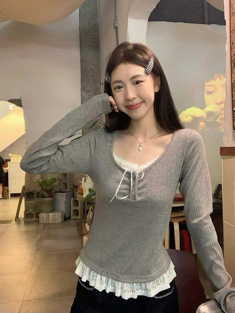 女款 2 合 1 蕾絲拼接長袖 T 恤，修身顯瘦打底上衣，適合早春 - 灰色 - 查看 6