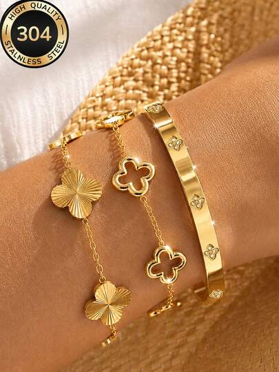 Znice Fashion Stainless Steel + Copper 18K Gold Plated Women's Floral Full Rhinestone Four-Leaf Clover Bracelet & Bangle Set, Suitable For Women's Daily Wear, Christmas Gift Recommendation, Fashion Women's Bracelet Set