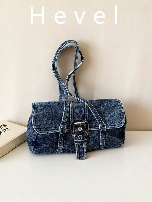 Hevel, 1pc Solid Color Denim Large Capacity Handbag, Buckle Women's Tote Bag, Fashionable Women's Shoulder Bag, Daily Use, Dating, Shopping