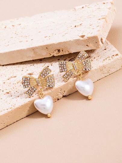 1 Pair Elegant Design Rhinestone Bow Stud Earrings With Heart Pearl Pendant, Women's Earrings Suitable For Daily Wear And Travel