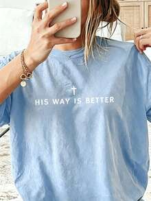 Jesus Shirt His Way Is Better Comfortable Christian Merch Simple Christian Faith Gift Clothing Casual Fall Outfits For Women Travel Short Sleeve Tops - 藍色1 - 查看 1