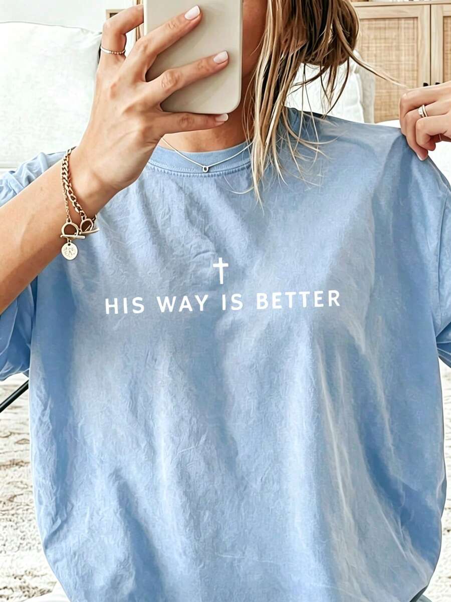 Jesus Shirt His Way Is Better Comfortable Christian Merch Simple Christian Faith Gift Clothing Casual Fall Outfits For Women Travel Short Sleeve Tops - 藍色1 - 查看 1