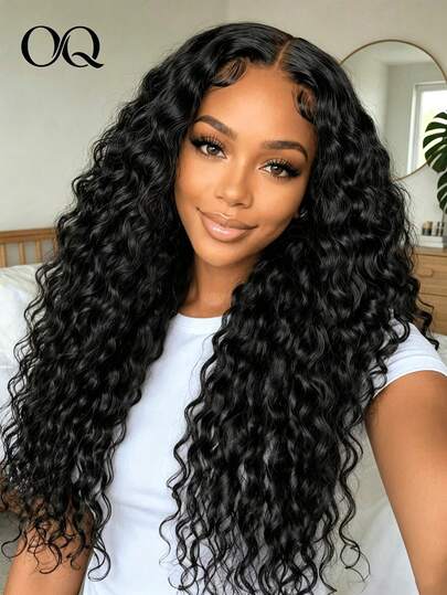 OQ Hair Water Wave Curly Human Hair Glueless Wig Wear And Go 8-14 Inch Bob Hair 16-30 Inch Long Wig 180% Density 7X5 Transparent Lace Bleached Knots Natural Color Pre-Cut And Pre-Plucked Hairline Gifts For Women