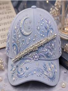 1pc Women's 3D Floral Baseball Cap, Music Theme Note Print Pearl Rhinestone Adjustable Sun Hat, Vintage Music Festival Style Baseball Cap - Multicolor - View 3
