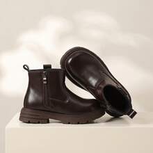 1 Pair 2026 New Children's Minimalist Solid Color Ankle Boots, Side Zipper Thick Sole Design, Retro Versatile Style, Suitable For Daily Wear And School Outfits - Brown - View 6