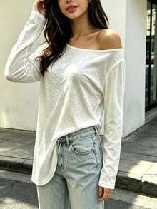 Slouchy Asymmetrical Off-Shoulder Long Sleeve T-Shirt, Slightly Sheer Loose Fit Grey Sexy Style Base Layer, Korean Off-Shoulder Sun Protection Cover-Up For Women - White - View 2