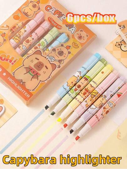 1pc/3pcs/6pcs/12pcs Capybara Colorful Fluorescent Pens, Highly Attractive Eye-Protection Color Planner Pens (6pcs/Box), Quick-Dry Fine Tip Art Highlighter Pens, Outline Pens, Highly Attractive Creative Student Markers, Permanent Markers, Oil-Based Waterproof Tire Graffiti Pens, Suitable For Fabric And Wood, Suitable For Art And Crafts, Stationery Gift Packaging Supplies, Smooth Writing, Perfect For Sketching And Painting, Suitable For Professional Art Painting Pens