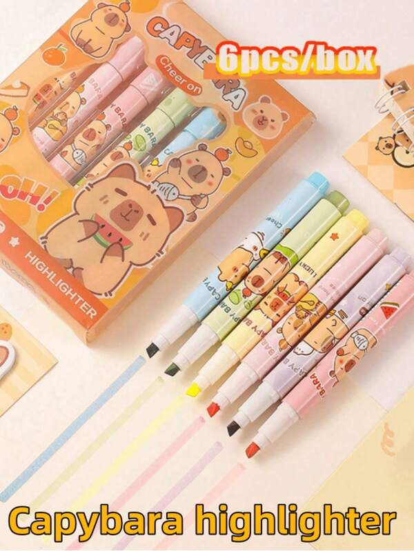 1pc/3pcs/6pcs/12pcs Capybara Colorful Fluorescent Pens, Highly Attractive Eye-Protection Color Planner Pens (6pcs/Box), Quick-Dry Fine Tip Art Highlighter Pens, Outline Pens, Highly Attractive Creative Student Markers, Permanent Markers, Oil-Based Waterproof Tire Graffiti Pens, Suitable For Fabric And Wood, Suitable For Art And Crafts, Stationery Gift Packaging Supplies, Smooth Writing, Perfect For Sketching And Painting, Suitable For Professional Art Painting Pens