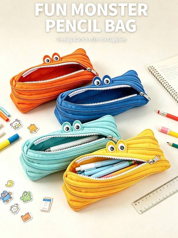 4/1pc Creative Funny Zipper Pencil Case, Student Pencil Pouch, Cute Niche Style, Stationery Storage Box, Little Monster Pencil Case