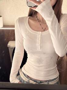 Korean Style U-Neck Rhinestone Long Sleeve T-Shirt Women Spring Inner Wear Minimalist Sexy Slim Fit Design Top White - White - View 8