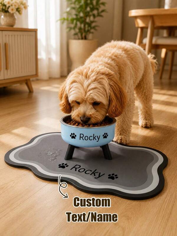 Personalized Pet Feeding Set With Customized Name, Non-Slip Absorbent Dog Food Mat And Stainless Steel Elevated Bowl, Cute Cat And Dog Feeding Bowl, Easy To Clean Indoor Bowl Mat, Unique Gift For Pet Lovers