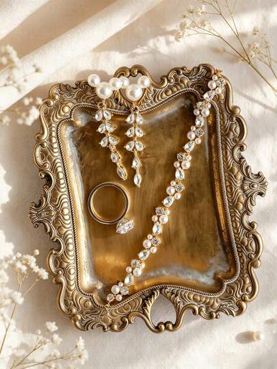 Vintage Gold Schmucktablett, ländlicher Stil Ring Schale, antikes Messing Ohrring Halskette Tablett, süße kleine Schmuckschale, Heimdekoration Geschenk, Mini Schmuckdisplay Ständer, Geschenk für sie